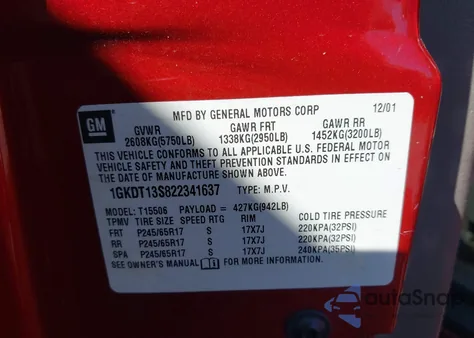 2002 GMC Envoy Slt z USA, uszkodzony, nr VIN 1GKDT13S822341637